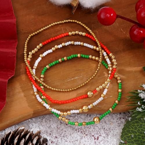 Dainty Gold Plated Tiny Ball Colorful Beaded Stack Bracelets Sets for Women,3Pcs Stackable Cute Bracelet Stretch Trendy Ball Jewelry Friendship Gift - color: Christmas