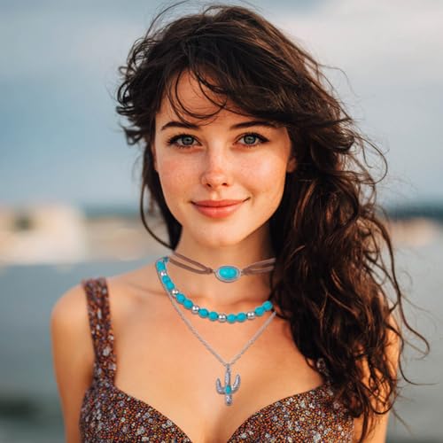 Layered Western Necklace Turquoise Beaded Choker Necklaces Cactus Pendant Necklaces Jewelry Accessories for Women