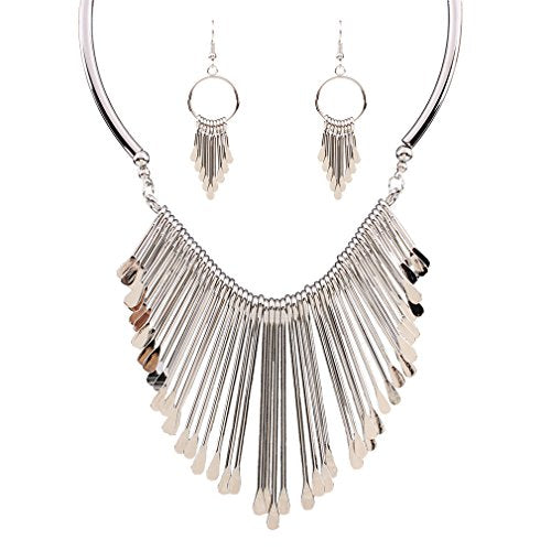 YAZILIND Women Ethnic Style Tassel Drop Pendant False Collar Statement Necklace Earrings Set - color: Silver