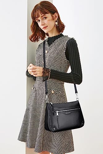 Over Earth Soft Genuine Leather Crossbody Bags for Women Medium Shoulder Purses Hobo Handbags with Multi Pockets - color: 01-black