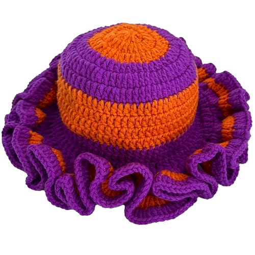 Handmade Crochet Bucket Hat for Women Boho Chic Slouchy Design Colorblock Ruffled Brim Festival&Daily Crochet Hat - color: Purple Orange Contrasting