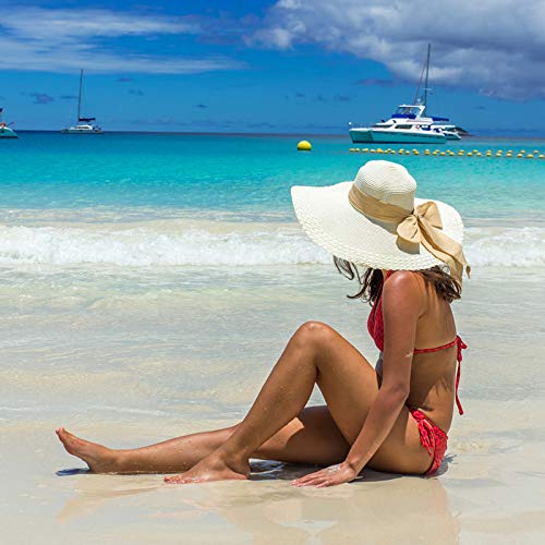 Lanzom Womens 5.7 Inches Big Bowknot Straw Hat Large Floppy Foldable Roll up Beach Cap Sun Hat UPF 50+ - color: Pink