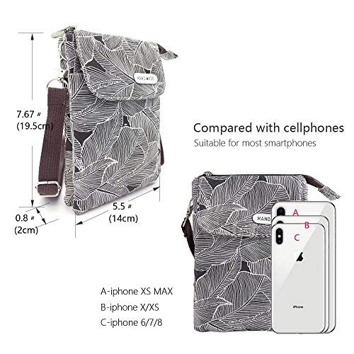 Roomy Cell Phone Purse Wallet Canvas Small Crossbody Purse Bags with Shoulder Strap For Women teen girlsl | Roomy - color: Brown Shoulder Strap Zipper ,Black Leaf Pattern