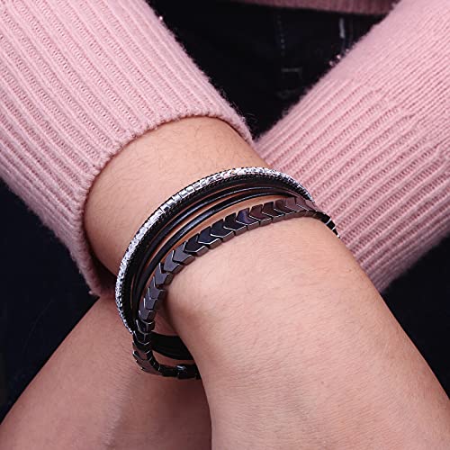 FANCY SHINY Hematite Leather Wrap Bracelets Beaded Healing Stone Cuff Bracelet Rhinestone Boho Jewelry Gift for Women with Clasp - color: Black
