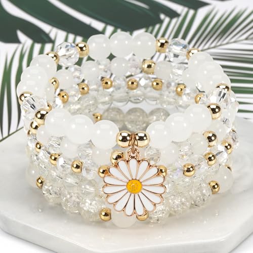coadipress 5Pcs Bohemian Flower Stackable Bead Bracelets for Women Multilayer Crystal Glass Beaded Charm Bangles Bracelet Boho Summer Beach Hawaii Holiday Statement Jewelry - color: White