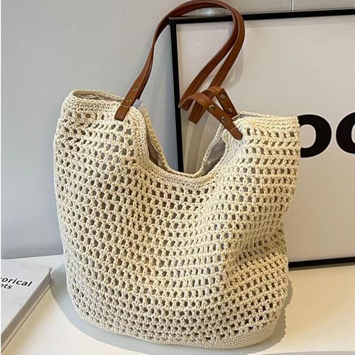 Cotton Fibre Crochet Beach Tote Bag for Vacation,Bohemian Cotton Hobo Shoulder Bag Casual Woven Purse for Women - color: Beige Shoulder Bag - 3