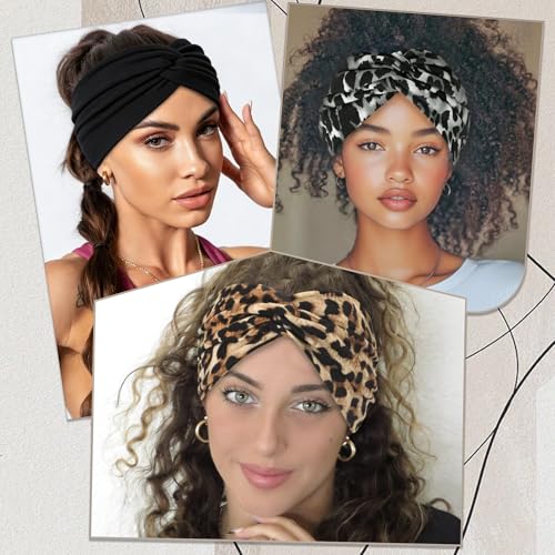 4 Pack Wide Leopard Print Headbands for Women Boho Twist Turban Headband Elastic Non Slip Workout Yoga Cross Hairband African Stretchy Hair Wrap Accessories - color: Leopard Print