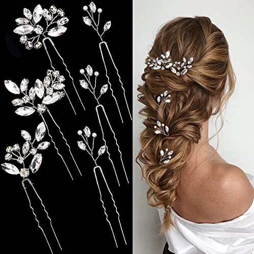 6 Pieces Bride Hair Pins Rhinestones Hair Accessories for Women Crystal Wedding Hair Piece for Bride Women Girls Bridesmaids(Silver) - color: Silver