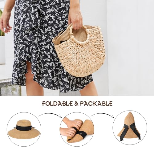 Beach Hats for Women, Sun Straw Hat for Women, UPF 50+ UV Sun Protection Sun Hat Womens, Foldable Floppy Sun Hat - color: N-khaki