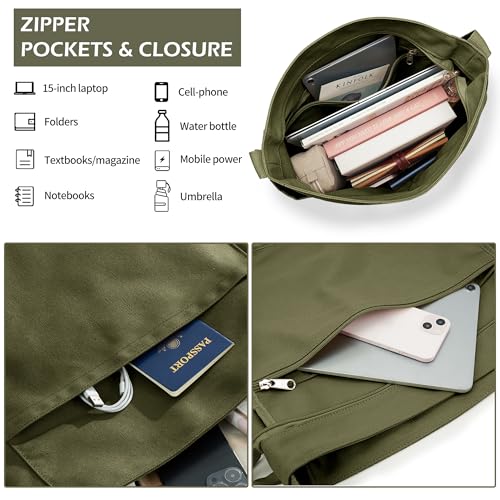 KALIDI Canvas Tote Bag Large Hobo Crossbody Shoulder Handbag Zipper Messenger Bag for Women or Men Casual College Work - color: Army Green
