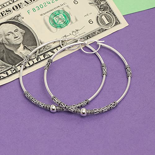 LeCalla 925 Sterling Silver Large Hoop Earrings | Lightweight Antique Bali Hoops | Two-Tone Bohemian Oxidized Balinese Earrings for Women - color: BIG Bali Beaed-60mm