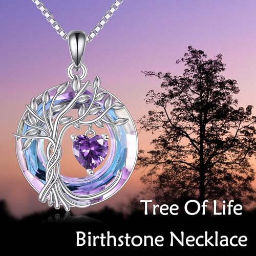 POPLYKE Mothers Day Gifts for Mom Her Wife Tree of Life Necklace 925 Sterling Silver Birthstone Pendant with Crystal Anniversary Birthday Wedding Jewelry for Women - color: 02-Feb-Amethyst, style: White Gold Plated-Amethyst Crystal