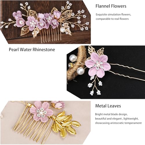 4PCS Hair Comb Set - Wedding Floral Hair Accessories for Women, Baby Purple Flower Hairs Pins, Vintage Wedding Hair Clips, Bridesmaid, Mother of Bride, Rose Gold Decorations - color: Purple Base