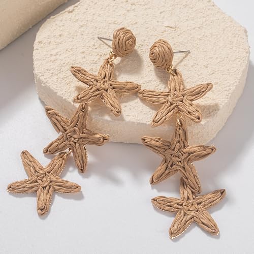 Boho Raffia Earrings Starfish Shell Seashell Dangle Drop Earrings Cute Statemnet Trendy Jewelry Summer Beach Outfits for Women - color: Sand, size: Seastar