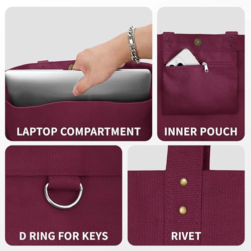 HOMESPON Large Canvas Tote Bag for Women Everything Bag with Pockets and Laptop Sleeve - color: Maroon