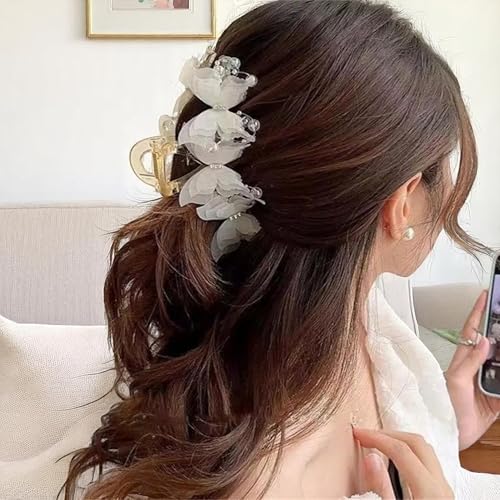 Set 2pcs Elegant Butterfly Hair Clips, Pearl Decorated Crab Claw Hairpins, White Wedding Hair Accessories, 4.92 x 2.55 inches