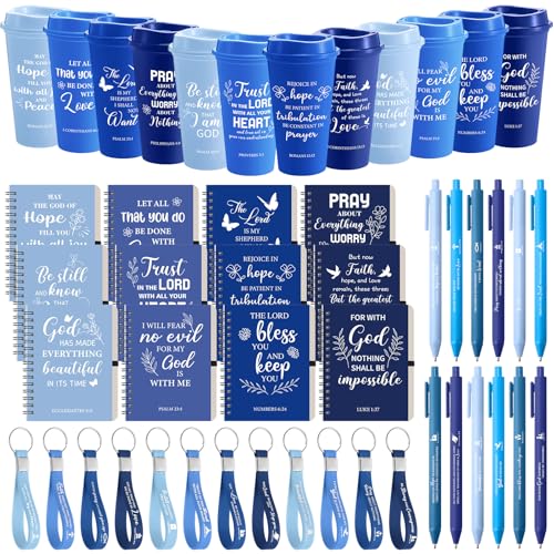 Skylety 12 Set/ 48 Pcs Christian Gifts for Women Men Religious Gift Set 16 oz Bible Scripture Cups with Lids Mini Spiral Notebooks Pens Keychains for Mother Father Birthday(Blue Gradient) - color: Blue Gradient