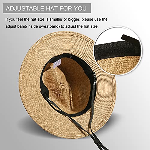 Lanzom Women Wide Brim Straw Panama Roll up Hat Fedora Beach Sun Hat UPF50+ - color: Brown, size: One Size-Medium