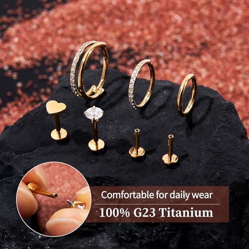 G23 Titanium 3PCS/7PCS 16G Cartilage Double-Hoop Helix Conch Piercing Jewelry With Cubic Zirconia Flat Back Stud Earrings Set For Women Men - color: A-7PCS-Gold-16G