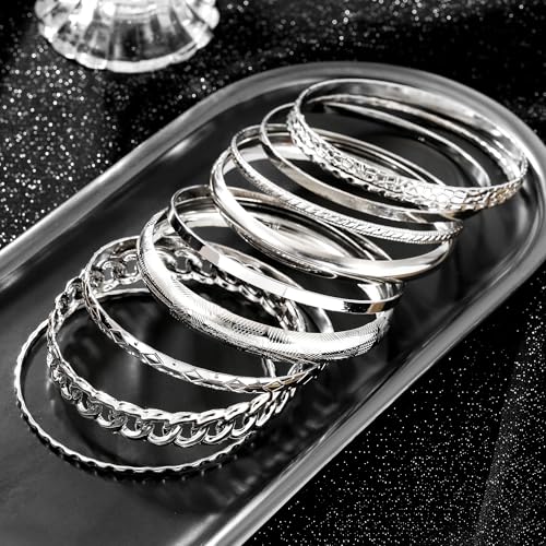 Gold Bangles for Women, 12 Pcs Boho Stackable Bracelets Multi Layer Textured Chunky Bracelets Jewelry Set for Women - color: Style E- 10 pcs silver