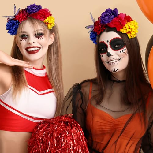 Flower Crown Day of the Dead Headpiece Mexican Flower Butterfly Halloween Headbands Flower Crown for Halloween Party - color: Multicolor-1