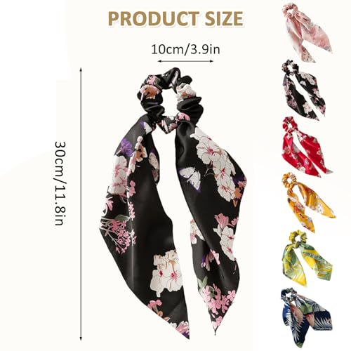 Boho Hair Scarf Scrunchies, 12” Floral Satin Bow Ties Long Bandana, French-Inspired Cheetah Ribbon Ponytail Holder Hair Accessories (Floral, 4 Pack) - color: Floral