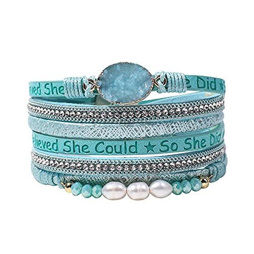 Artilady Leather Wrap Bracelets for Women - Pearl Bracelets Handmade Clasp Bangle Bracelet with Beads Jewelry Gift for Women and Mother - style: So She Did, Blue