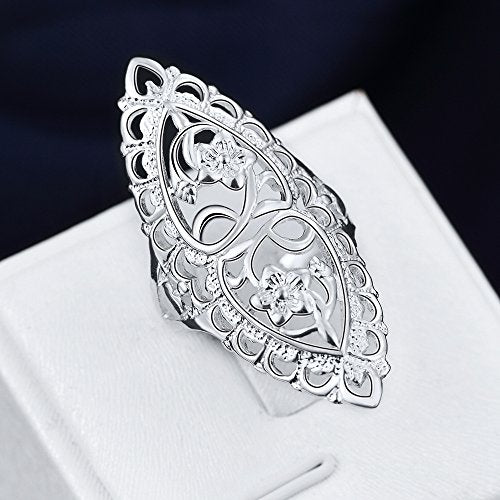 Rings for Women Summer Boho Rings Filigree Flower Ring Chunky Gold Ring Full Finger Rings Wide Band Womens Rings for Cocktail Party Birthday Gifts Statement Rings for Women - color: Silver