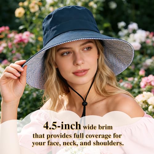 Sun Hats for Women Wide Brim Foldable Beach Hat UV UPF50+ Summer Sun Protection Bucket Hat for Outdoor, Gardening, Travel - color: Navy Blue