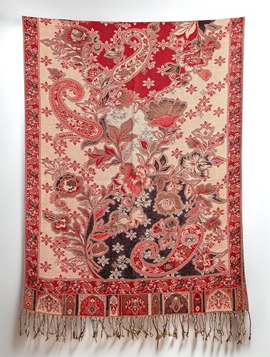 Achillea Elegant Paisley Floral Pashmina Shawl and Wrap – Boho Rave Scarf for Festival, Travel & Everyday Wear - color: Burgundy Burnt Orange