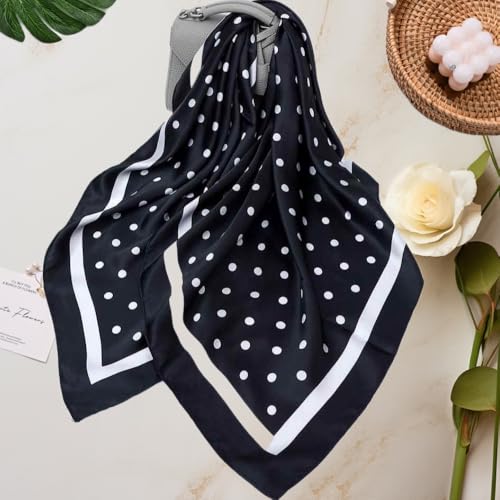 CHUNG Women's Scarf Hair Bandanas Square 27.5" Satin Wrap Fashion Pattern Scarves Emulation Silk Handbag Ribbons Necktie - color: Black Dot