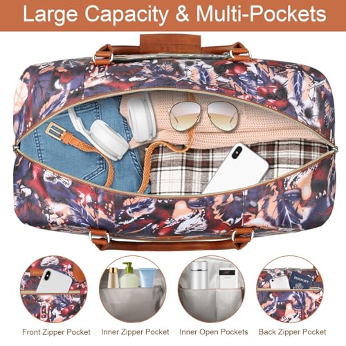 ITIEZY Weekender Overnight Bag for Women - Large Travel Duffel Bag with Shoe Compartment, Gym Duffel Bag Hospital Bag Carry On Tote Bags for Airplanes with Crossbody Bag Toiletry Bag 3Pcs Set - color: 8-Purple Leaf