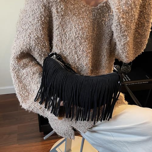 Women's Vegan Suede Fringe Crossbody Bag, Boho Crescent Shoulder Crossbody Purse, Retro Tassel Hippie Small Handbag Tote - color: Black