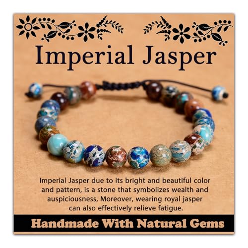 468Handmade Adjustable Natural Gemstone Crystal Bracelet Healing Power Energy Inspirational Gifts with Card for Unisex - color: 11-Imperial Jasper (Auspicious), size: 8mm