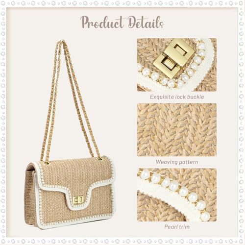 Fecialy Straw Crossbody Bags for Women Summer Straw Beach with Pearls Raffia Shoulder Handbags - color: Brown