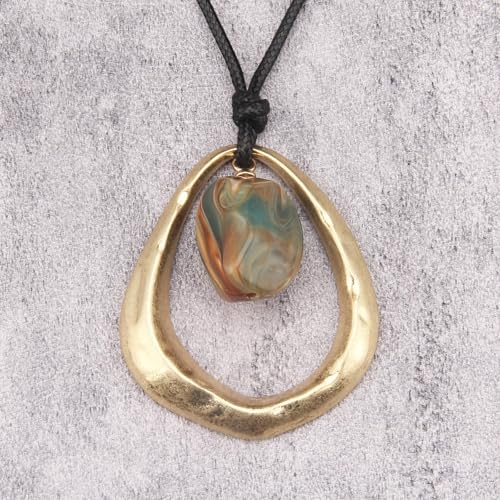 Bohemian Women's Leather Long Pendant Necklace Sweater necklace Adjustable Retro Woven Handmade Jewelry - color: Gold Water Drop Green Stone