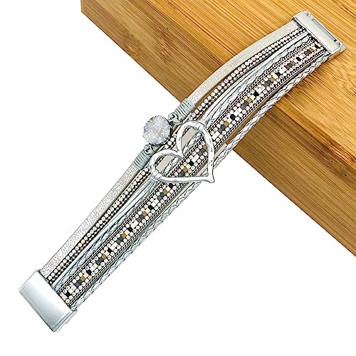 Womens Multi Layer Heart Leather Wrap Bracelet Boho Stackable Cuff Bangle Magnetic Clasp Crystal Birthday Valentine Gift - color: Silver