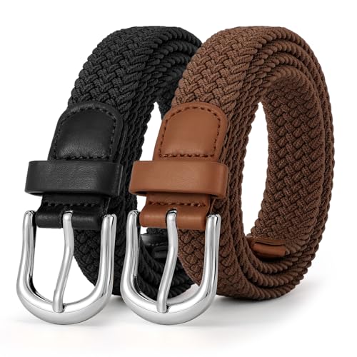 JASGOOD 2 Pack Braided Belts for Women, 1'' Narrow Width Elastic Woven Stretch Fabric Cloth Belts with Gold Buckle - color: F-black+brown, size: Fit Size 42"-45"