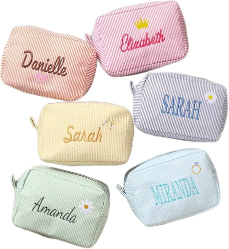 Personalized Makeup Bag Pouch with Embroidered Name for Women Girls Bride | Cute Small Seersucker Custom Monogrammed Initial Cosmetic Toiletry Bag with Zip for Travel Bridesmaid