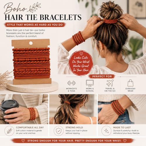 Elm City Direct 12pcs Hair Tie Bracelets, Boho Hair Ties for Women, Elastic Hair Bands for Ponytails (Rose) - color: Rose