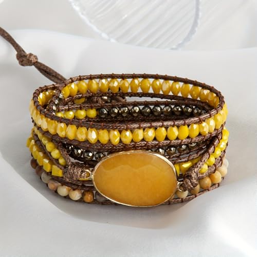 Women Wrap Bracelet Boho Natural Jasper Crystal Stone Beads Strand Bracelets - color: Yellow
