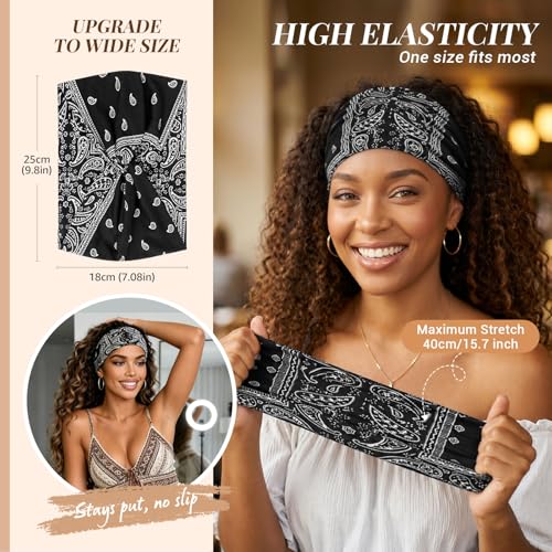 Awumbuk Wide Headbands for Women, 7.08 Inch Thick Boho Turban Style Hair Wraps, Non-Slip Moisture-Wicking Workout Headband for Sports, Yoga, Daily Fashion, 8 Pack Multi Colors (Purple Boho Paisleys) - color: Purple Boho Paisleys