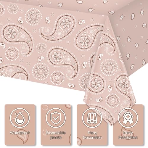 Tatuo Western Party Tablecloth Paisley Table Cover Bandana Plastic Table Cloth Rectangle Floral Tablecloth for Western Cowboy Themed Party 108 X 54 Inch(Dark Brown,Light Brown,Cow Pattern,3 Pack) - color: Dark Brown,light Brown,cow Pattern