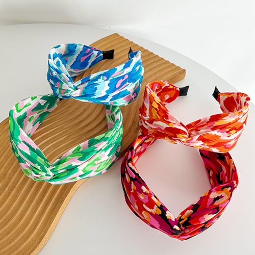 4 Pack Bright Floral Printed Headbands Wide Knotted Headbands for Women Cross Knot Fashion Hair Bands - color: Bright