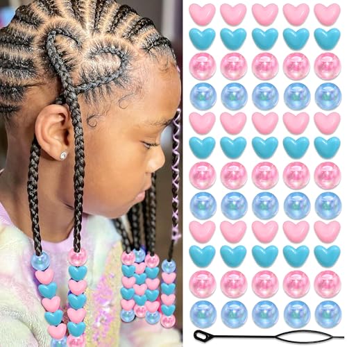 60PCS Hair Beads for Braids Pink Blue Heart Shape Loc Bead Jewelry AB Color Round Dreadlock Beads Hair Accessories - color: Blue&Pink
