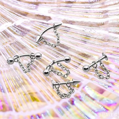 CHARMONLINEVertical Labret Lip Piercing Jewelry with Chain, Top Push in Threadless Flat Back Stud 20G Small Thin Half Hoop Ear Piercing 316L Surgical Steel Ear Piercing Cartilage Earrings Lip Eyebrow Helix Ear Piercing Jewelry with Changing Tool - color:
