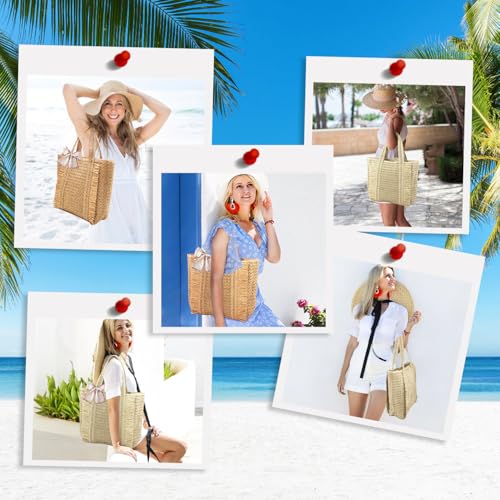 Peicees Straw Woven Bag for Women- Beach Tote Purse with Leak-Proof Lining Summer Travel Vacation Boho Shoulder Bag Large 17L - color: Khaki