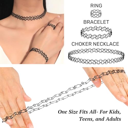 BodyJ4You 3PC Tattoo Choker Set Necklace Bracelet Ring - 90s Necklace 2000s Y2K Fashion Vintage - Stretchy Elastic Neck Lace Women's - Gothic Black Multicolor Rainbow - Classic Fashion Trend - color: Black