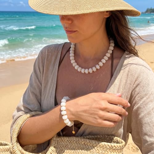 Gmai Chunky Bead Necklace and Bracelet Set for Women Boho Big Bead Statement Necklace Adjustable Fashion Trendy Summer Necklaces Jewelry Gift Set - color: white 2pcs set