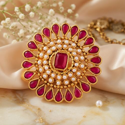 Efulgenz Indian Jewelry Rings for Women Antique Round Faux Pearl Crystal Bollywood Adjustable Big Finger Ring Fashion Party Statement Jewelry for Women - color: Dark Pink